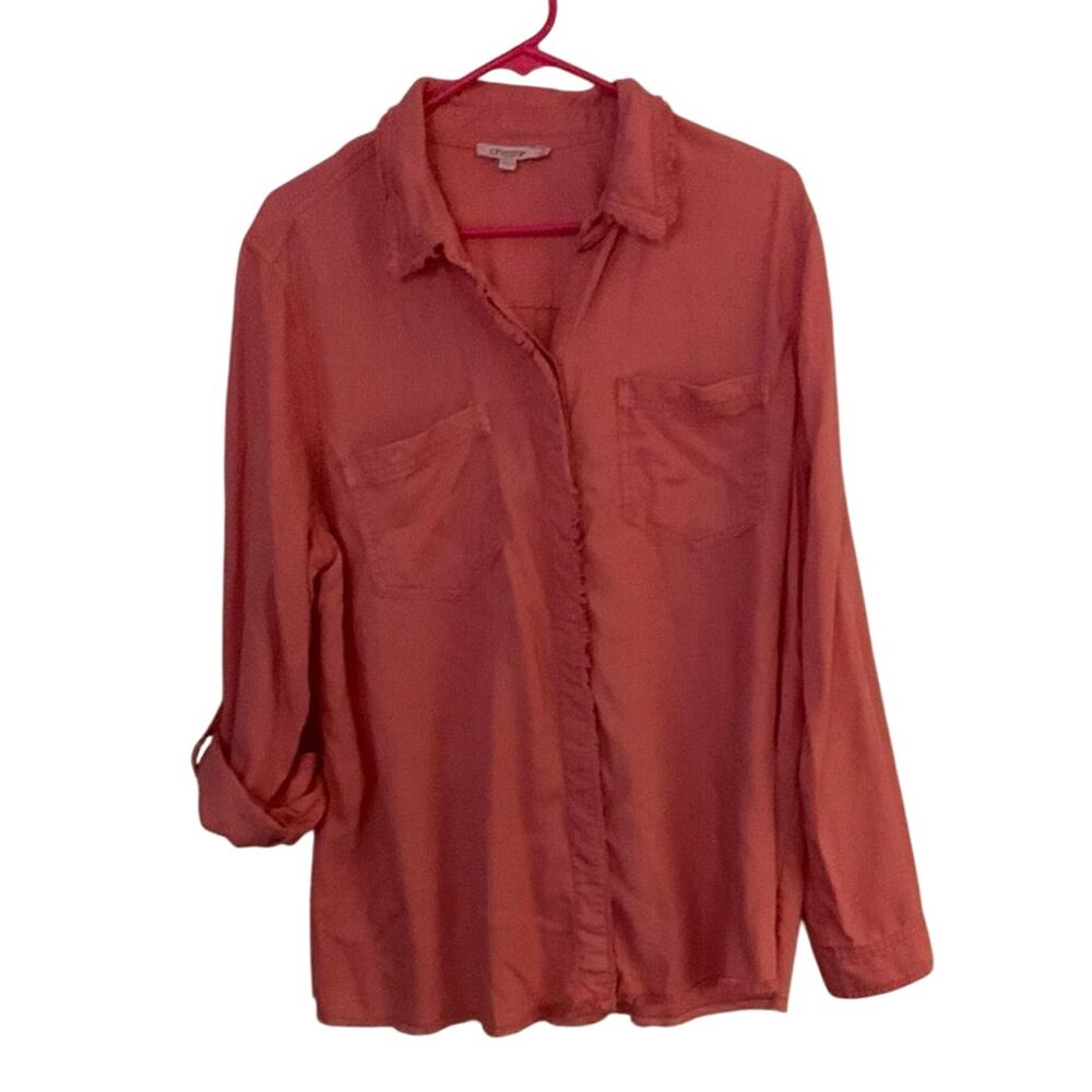 Chico's Sz 3 Blouse Pink Relaxed Long Sleeve Button Down Shirt Fringe Boho